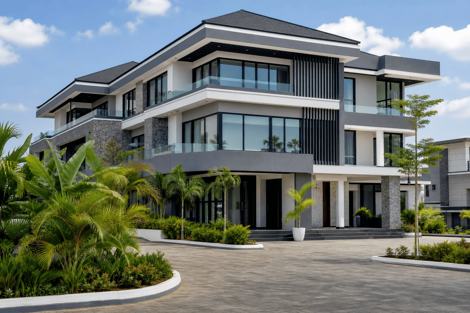 Contemporary 7-bedroom duplex villa with flat roofs and glass balconies