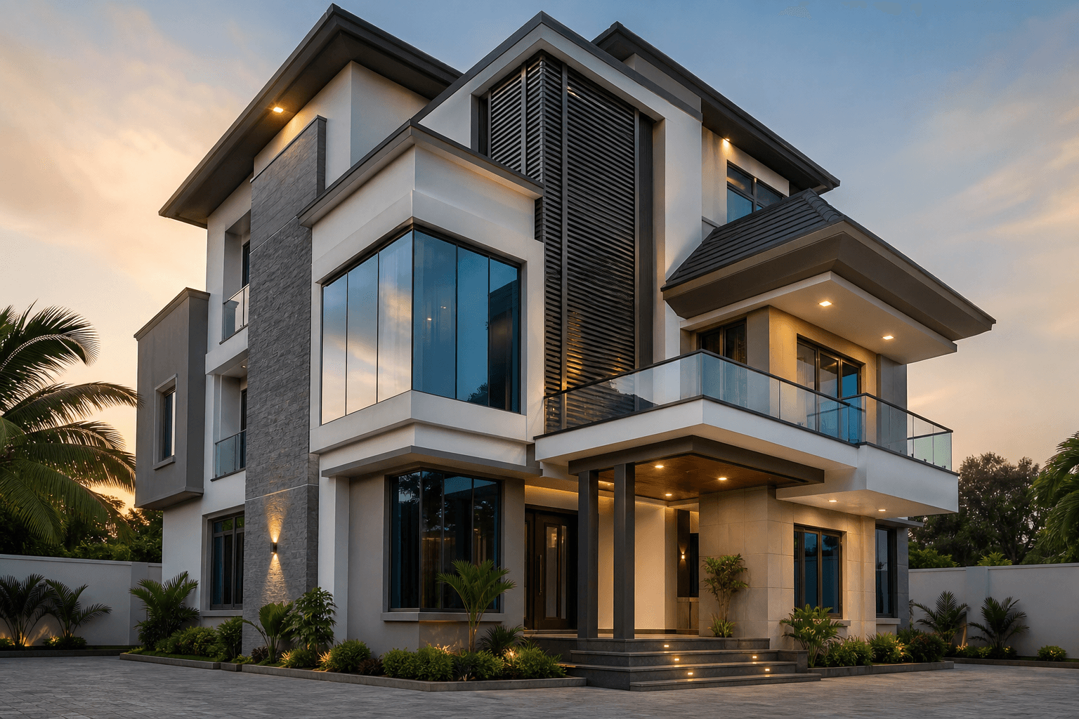 Photoreal modern luxury villa with charcoal solar shingle roof