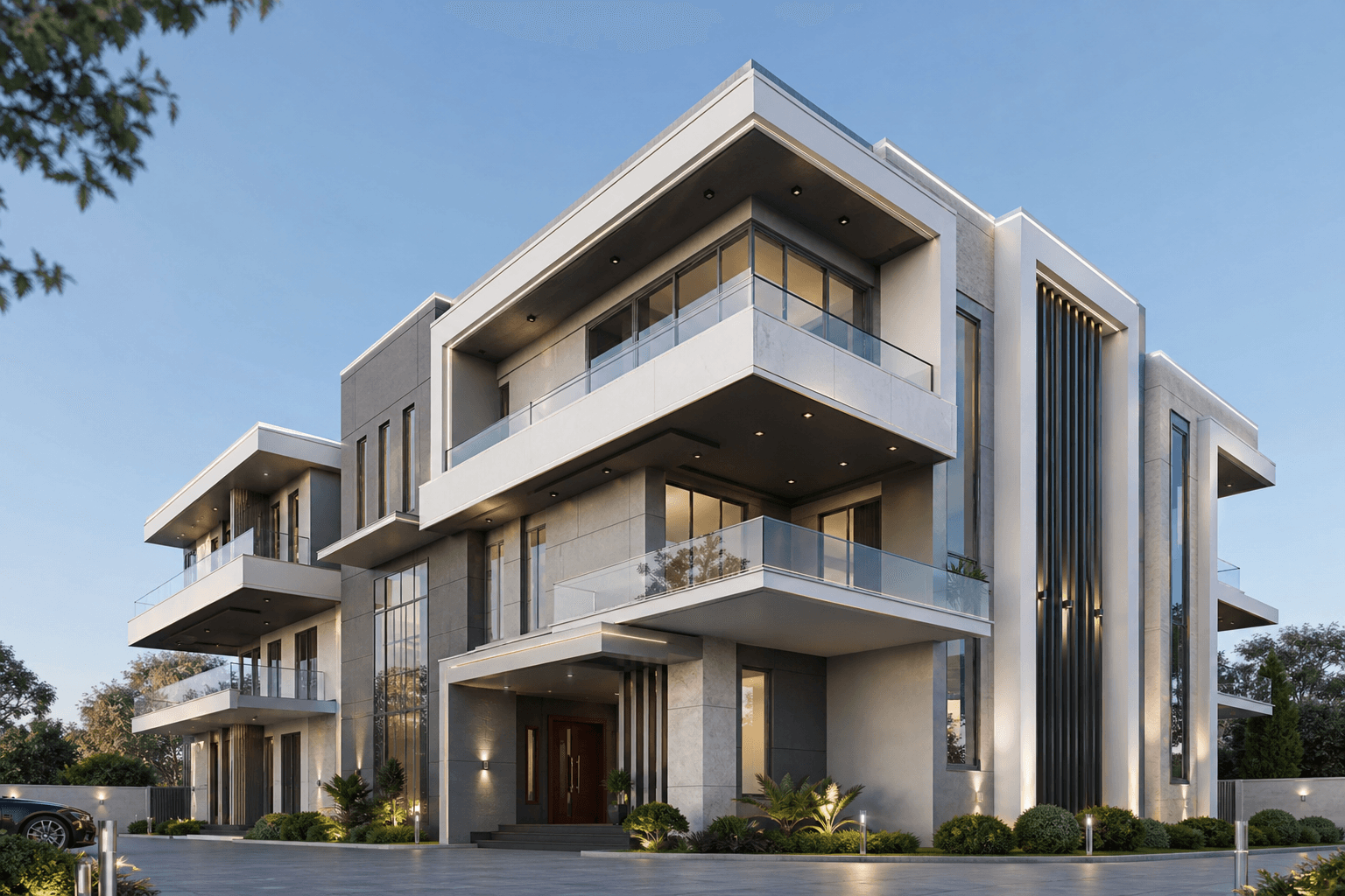 Modern duplex villa low-angle massing with vertical fins