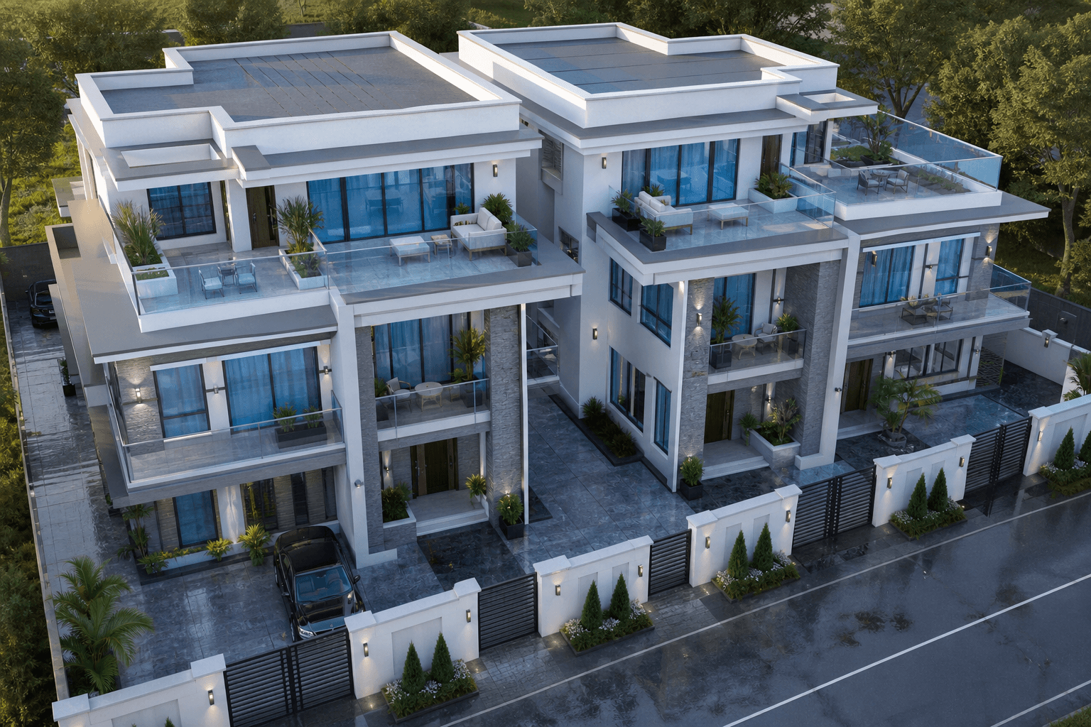 Elevated view of contemporary villa with blue-tinted glass